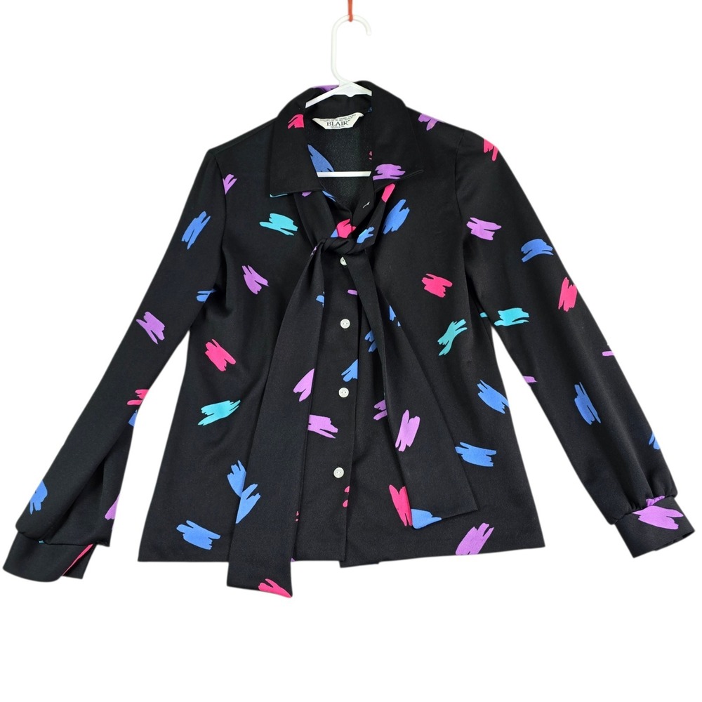 Vintage Blair‎ Blouse Women Medium Black Abstract Brushstroke Tie Neck 80s 90s